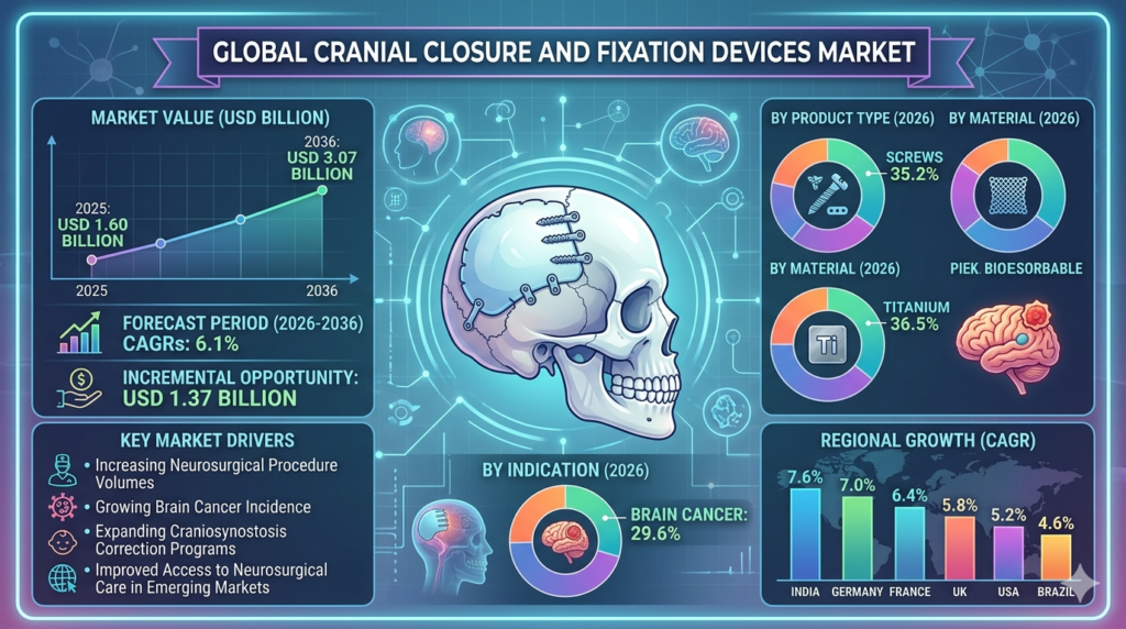 Cranial Closure and Fixation Devices Market to Reach USD 3.07 Billion by 2036 Amid Rising Neurosurgical Procedure Volumes and Advanced Implant Adoption