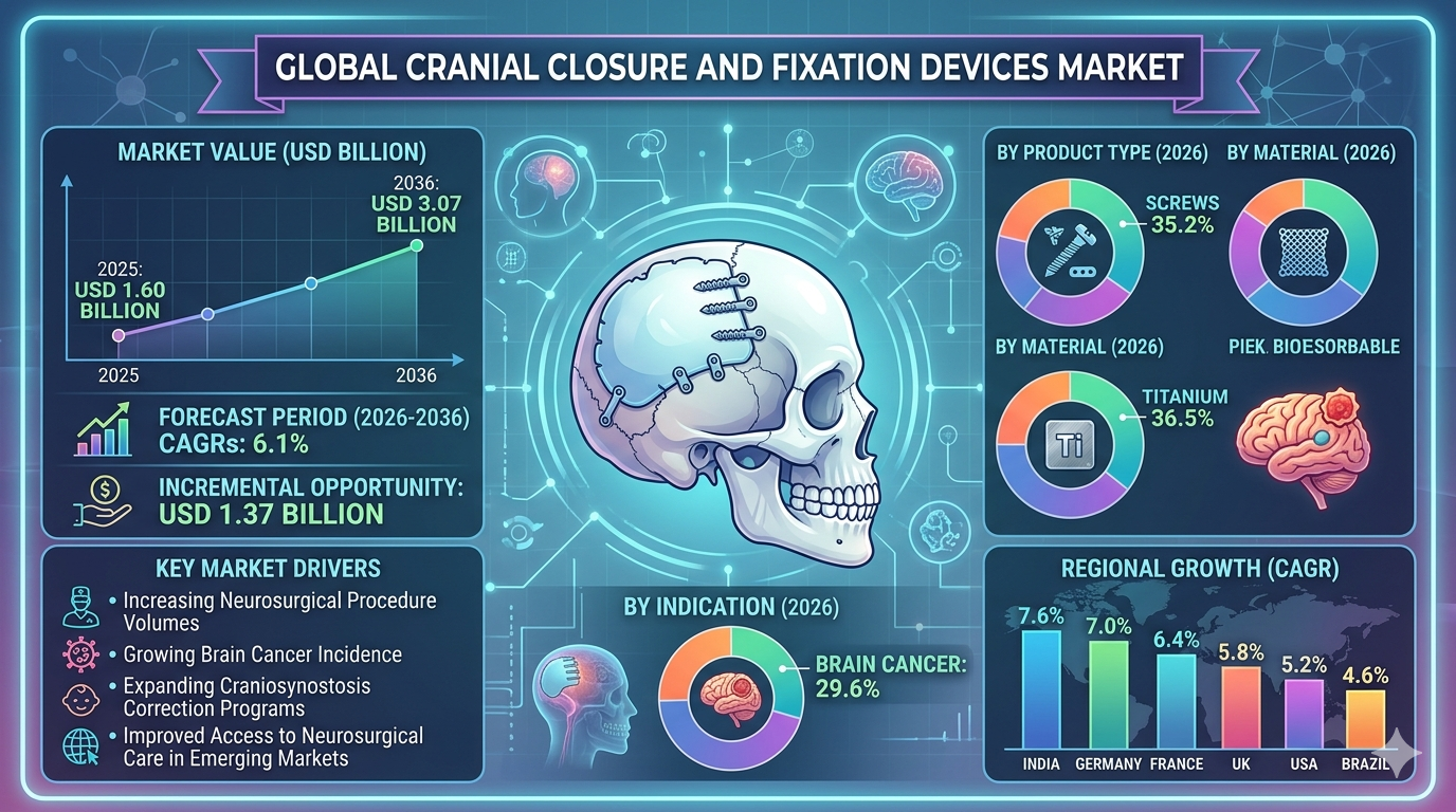 Cranial Closure and Fixation Devices Market to Reach USD 3.07 Billion by 2036 Amid Rising Neurosurgical Procedure Volumes and Advanced Implant Adoption