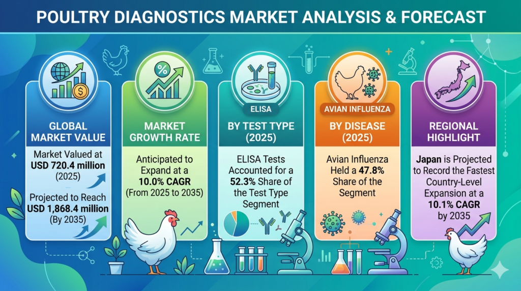 Poultry Diagnostics Market to Reach USD 1,868.4 Million by 2035 Amid Rising Focus on Avian Disease Surveillance and Biosecurity Programs