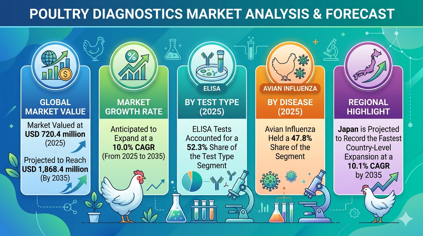 Poultry Diagnostics Market to Reach USD 1,868.4 Million by 2035 Amid Rising Focus on Avian Disease Surveillance and Biosecurity Programs