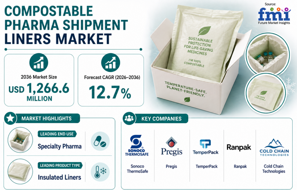 Compostable Pharma Shipment Liners Market: by Product Type, Material, Thermal Performance, End Use and Region. Forecast period 2036
