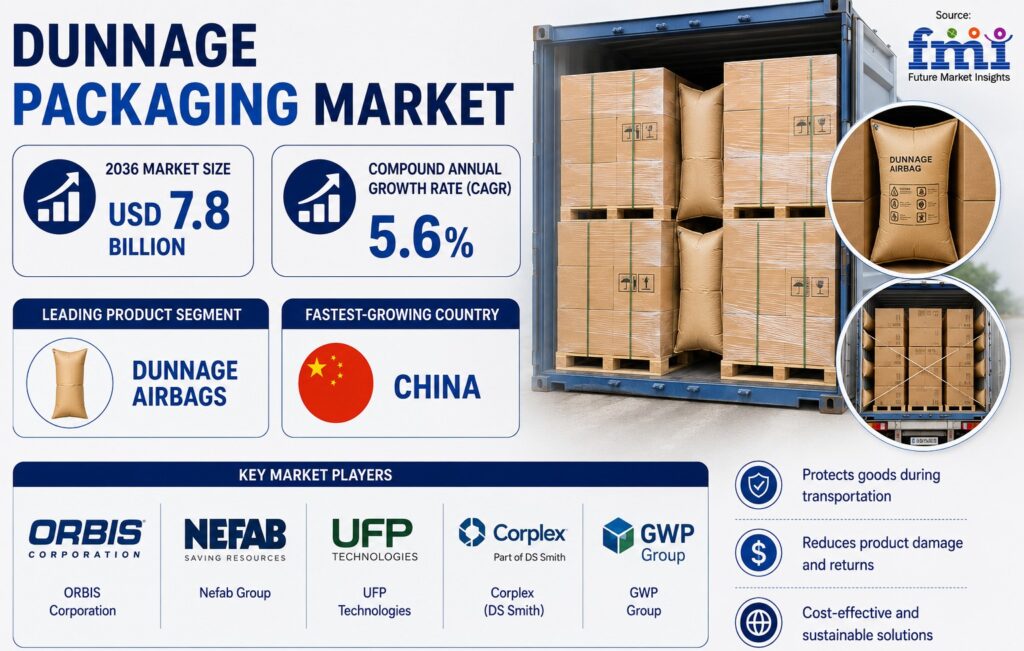 Dunnage Packaging Market: by Product, Material, End Use Industry, and Region. Forecast for 2026 to 2036.