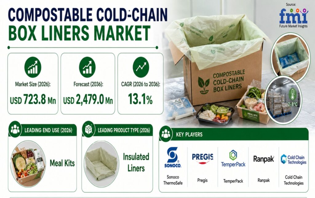Compostable Cold-Chain Box Liners Market: Product Type, Material, Thermal Performance, End Use and Region. Forecast period 2026 to 2036
