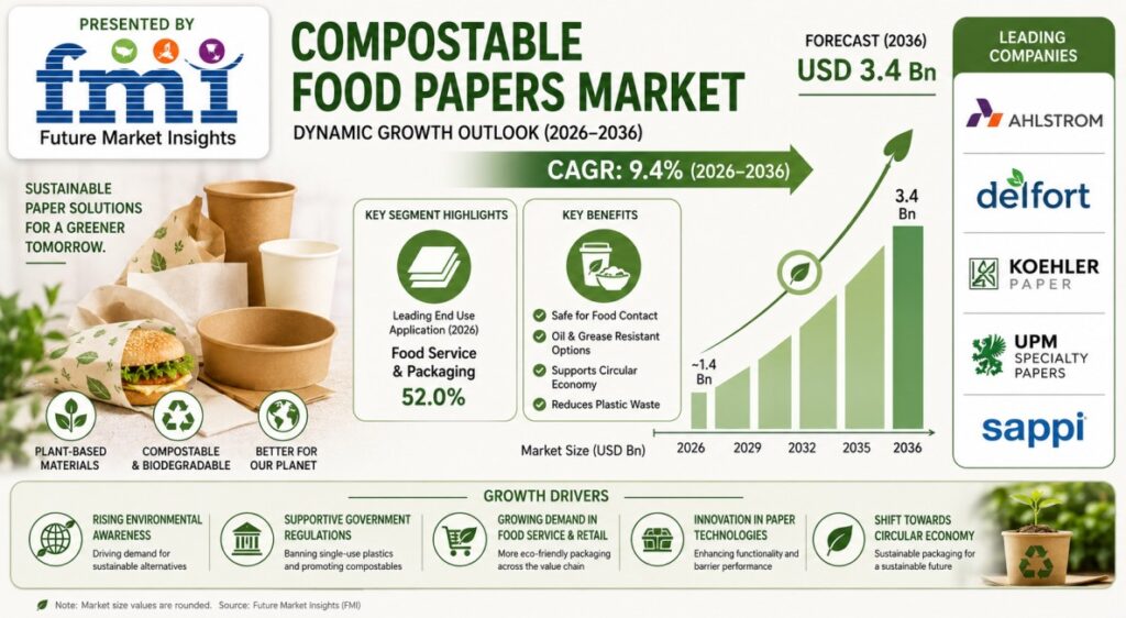 Compostable Food Papers Market USD 3.4 billion by 2036 at a 9.4% CAGR | Future Market Insights